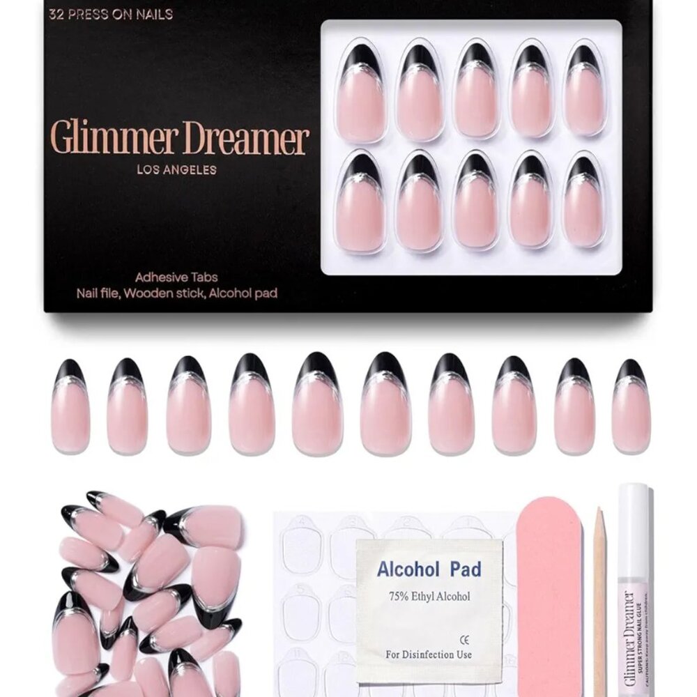 Glimmer Dreamer Press On French Mani Reusable Almond Nails 32 Obsidian Gleam NWT